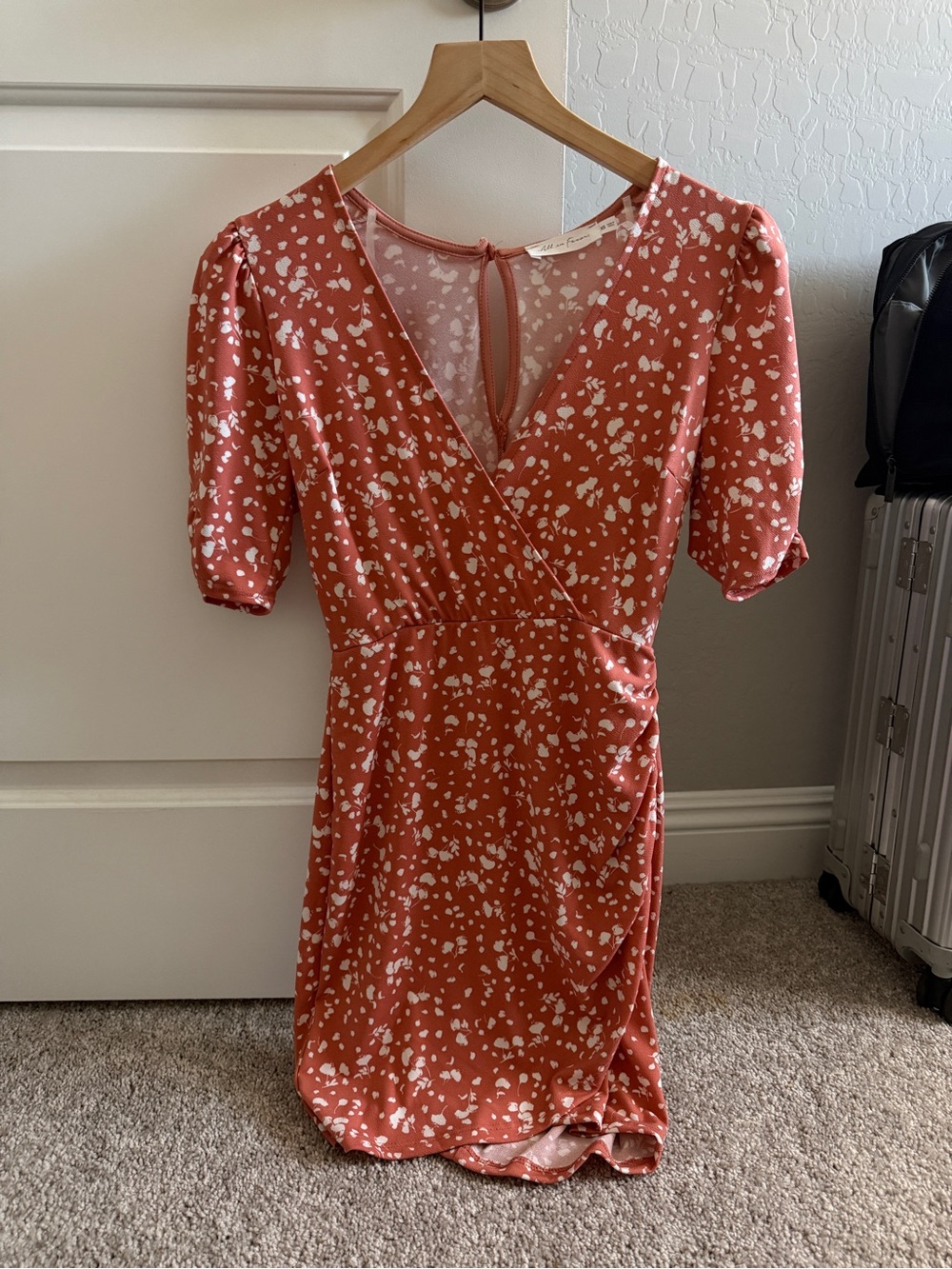 All in Favor Rust and White Floral Wrap Mini Dress